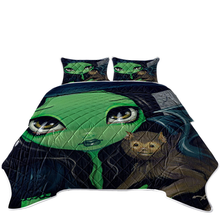 Twin Quilt with Faces of Faery _36 Green Witch and Winged Monkey