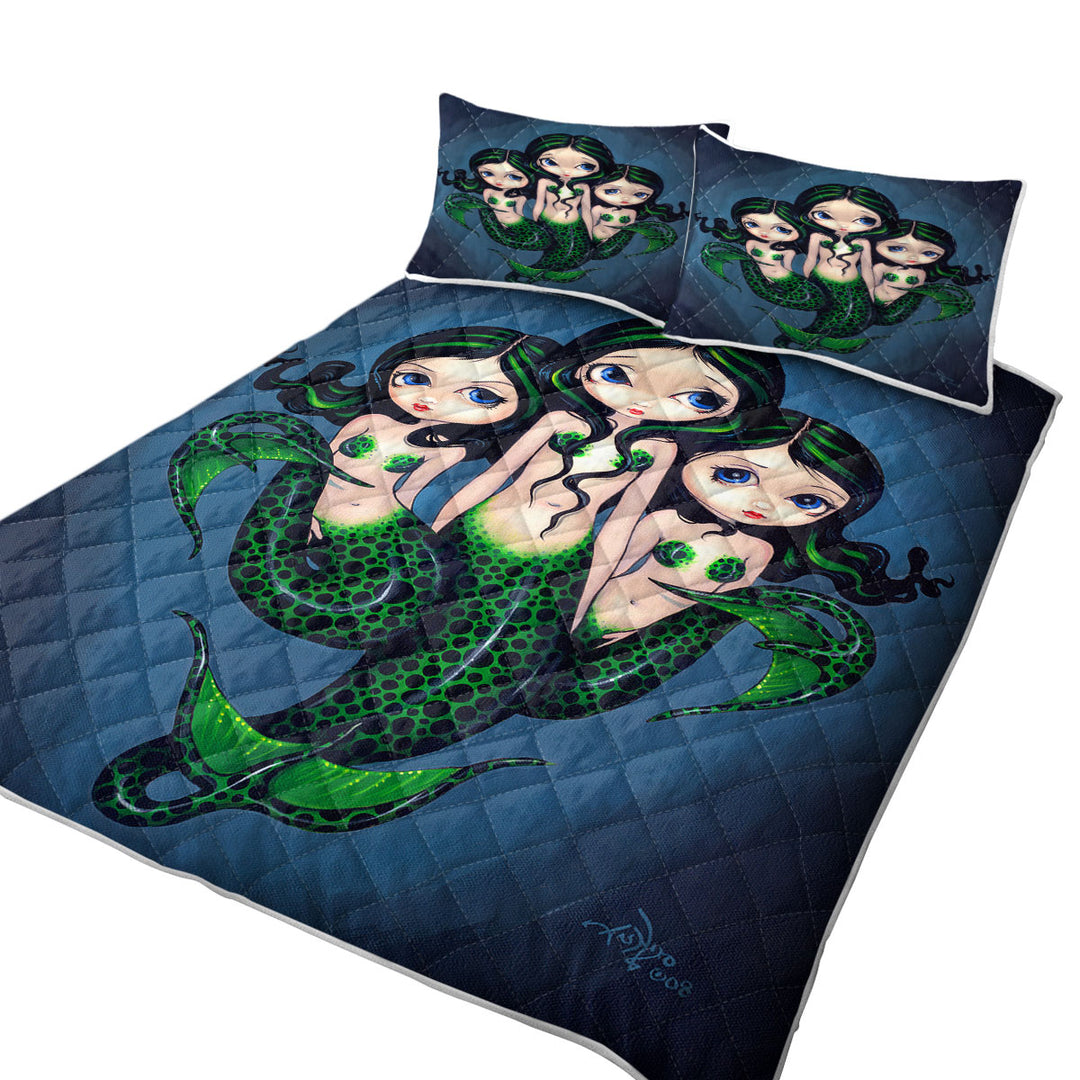 Twin Quilt with Fantasy Art Green Mermaid Triplets