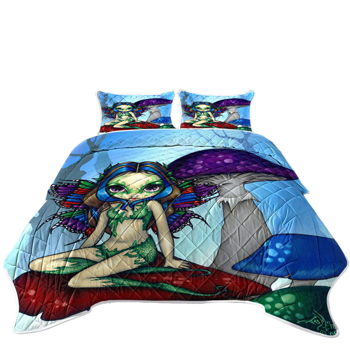 Twin Quilt with Fantasy World Masked Fairy on Mushrooms