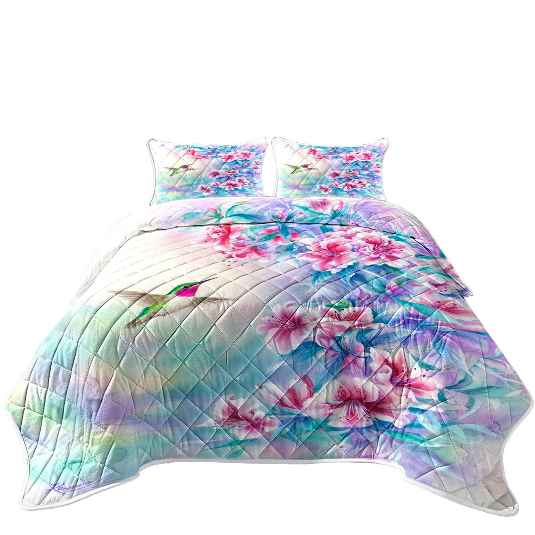 Twin Quilt with Flower Art Pinkish Hibiscus and Hummingbird