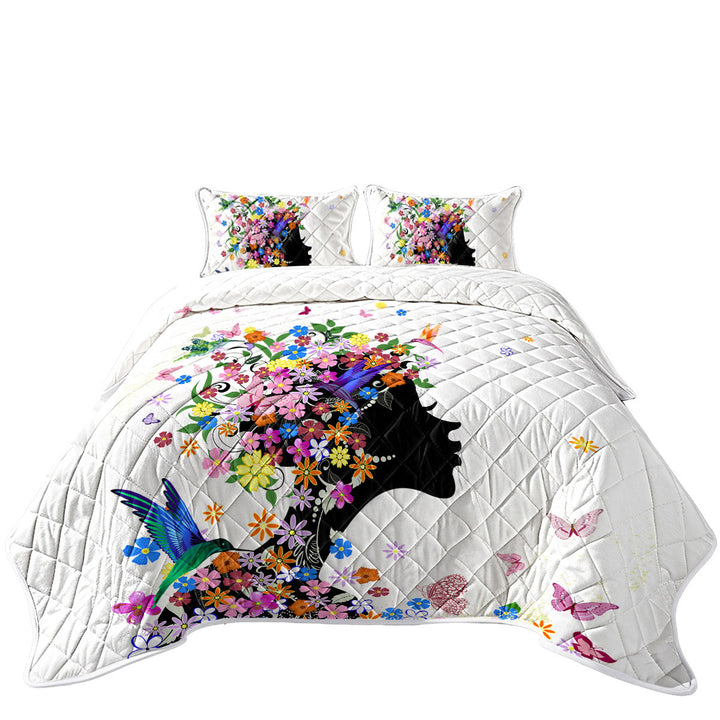 Twin Quilt with Flower Girl and Hummingbirds