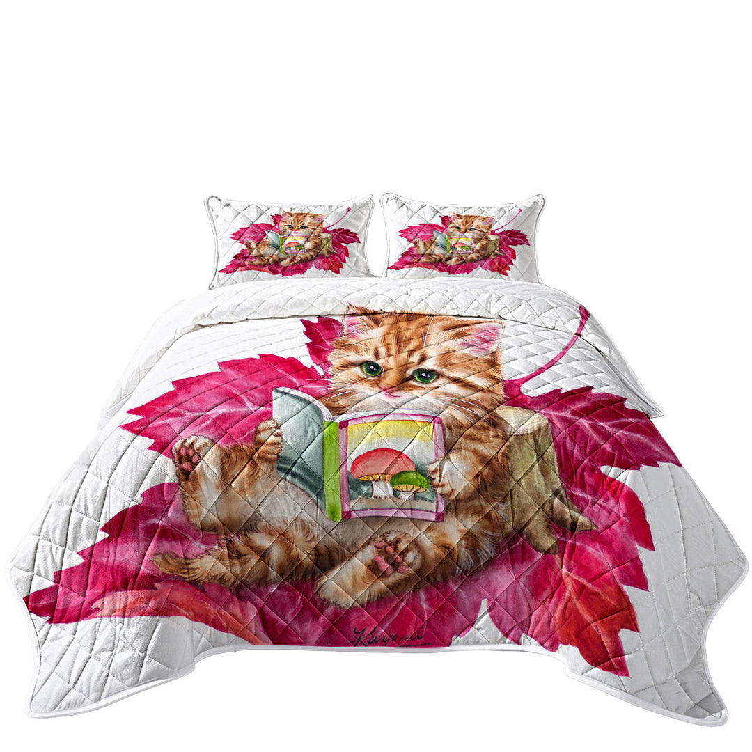 Twin Quilt with Funny Cat Ginger Kitten Reading a Book on Leaf