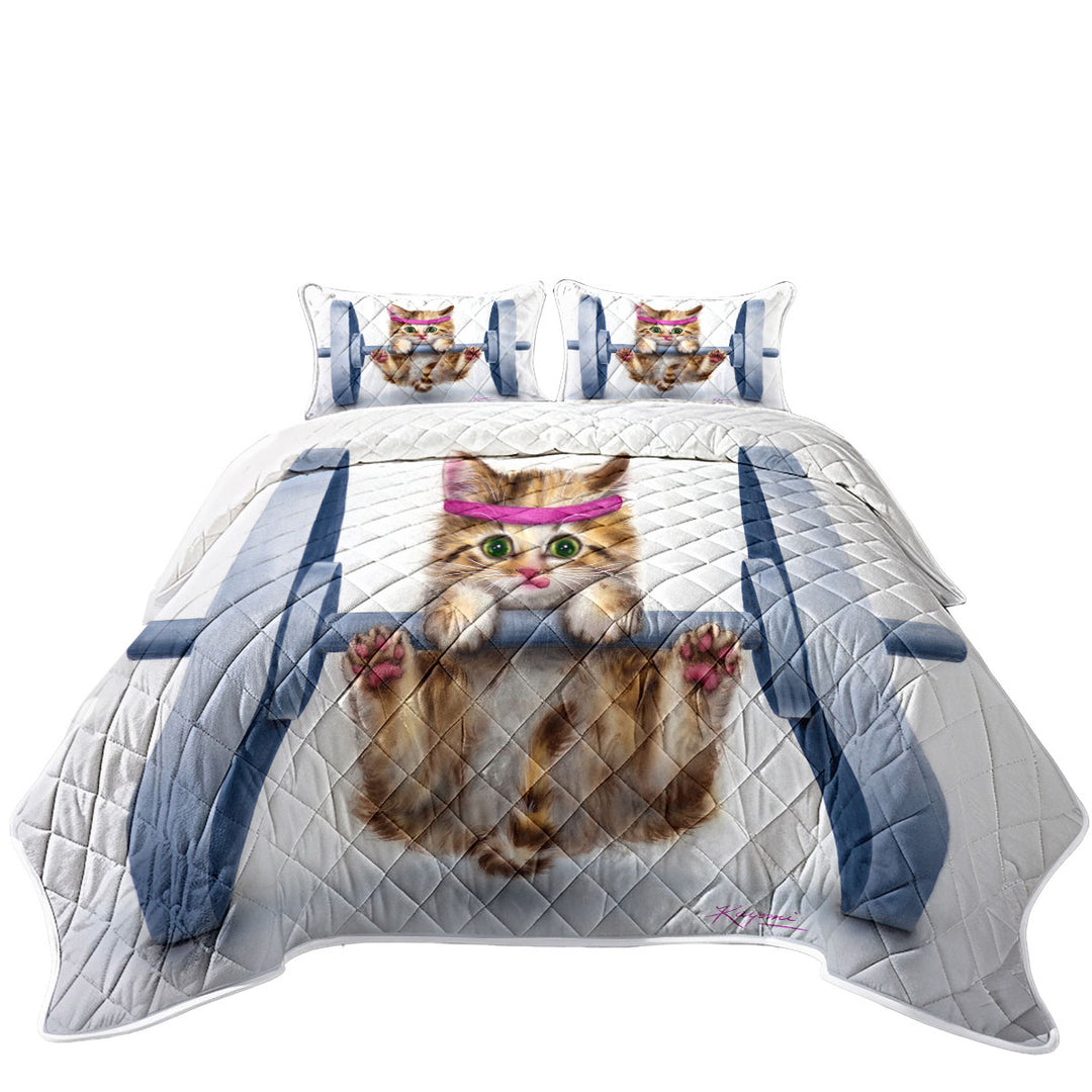 Twin Quilt with Funny Cute Cat Lifting Weights Kitten