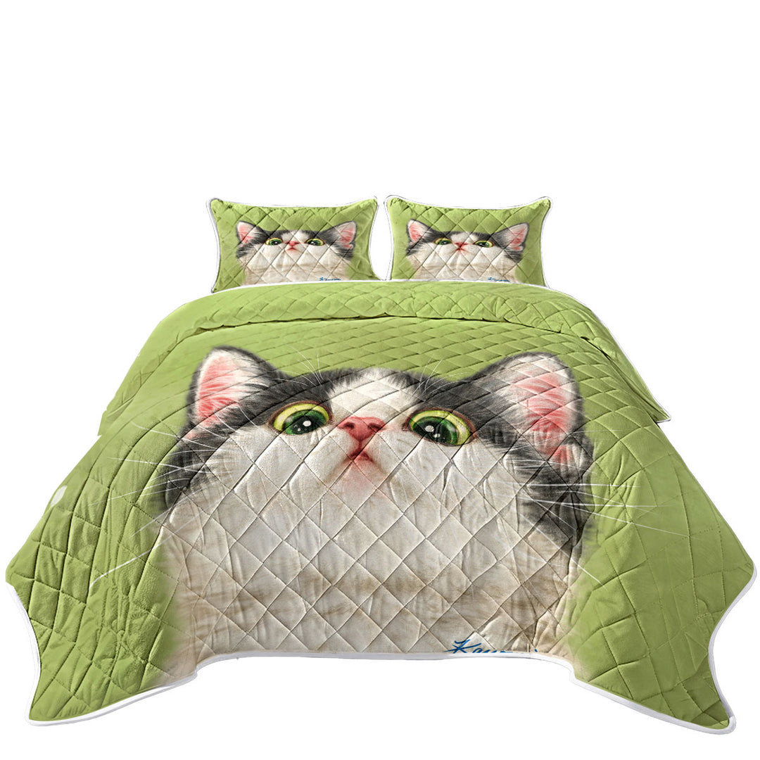 Twin Quilt with Green Eyes Grey White Kitten Cat