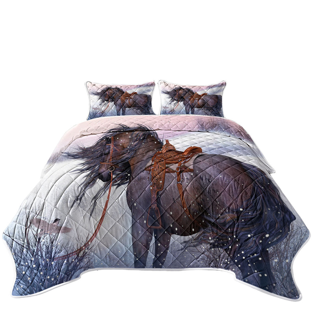 Twin Quilt with Horses Art Honorable Brown Horse in Winter Snow