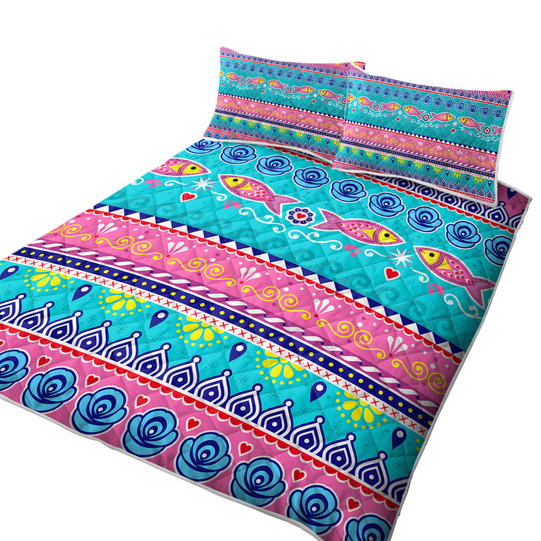 Twin Quilt with Multi Colored Oriental Fish Design