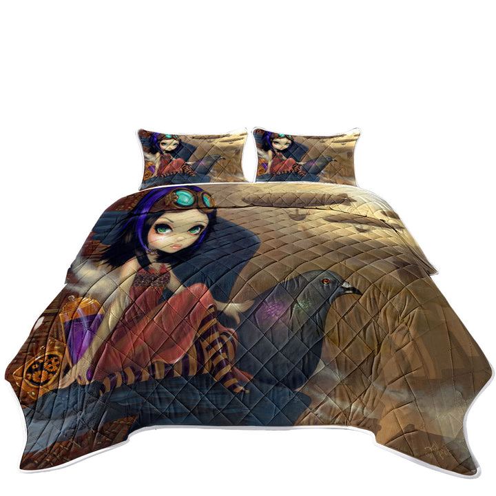 Twin Quilt with Poe a Beautiful Steampunk Flair Girl on a Pigeon