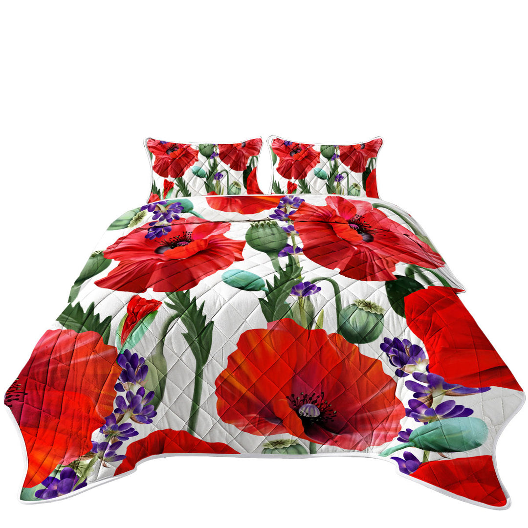 Twin Quilt with Purple Lavender and Red Poppy Flowers