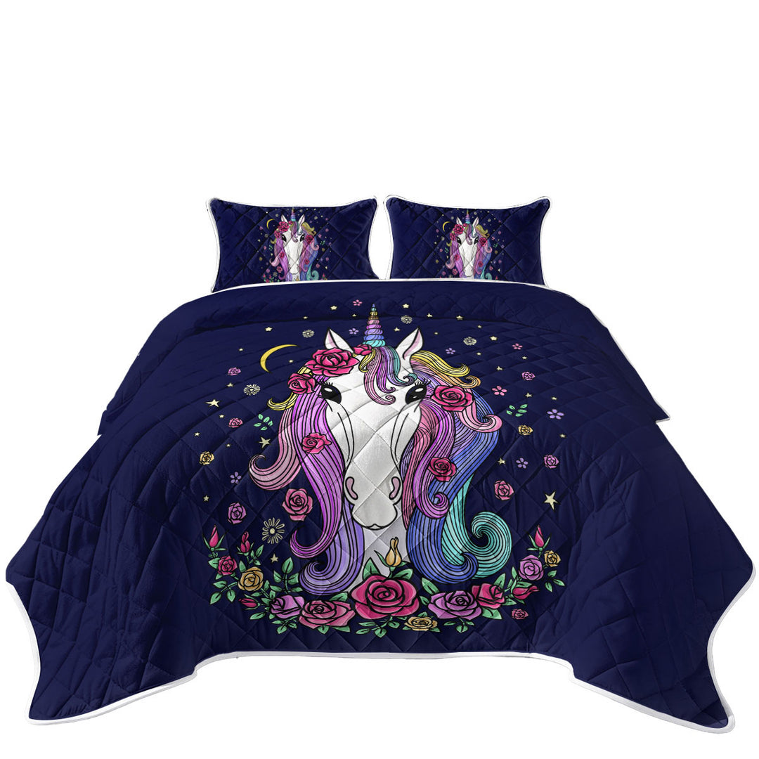 Twin Quilt with Rainbow Haired Unicorn and Roses