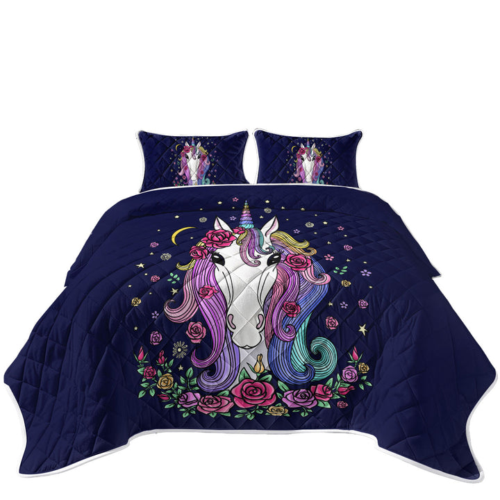 Twin Quilt with Rainbow Haired Unicorn and Roses