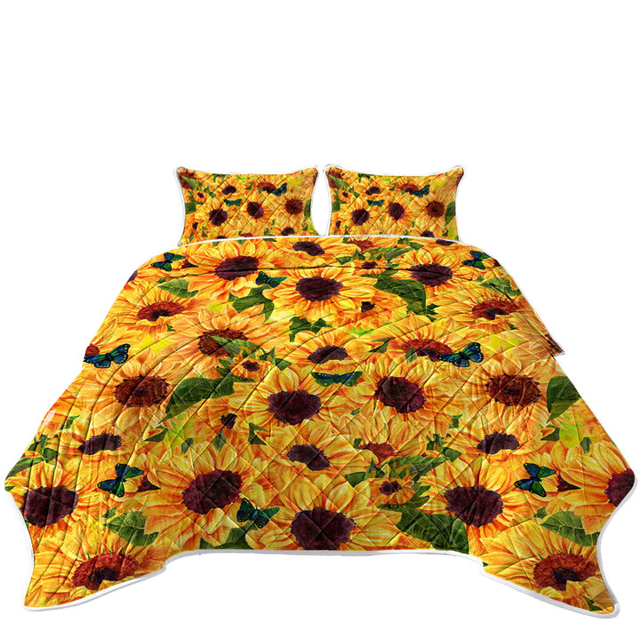 Twin Quilt with Thick Sunflowers and Butterflies