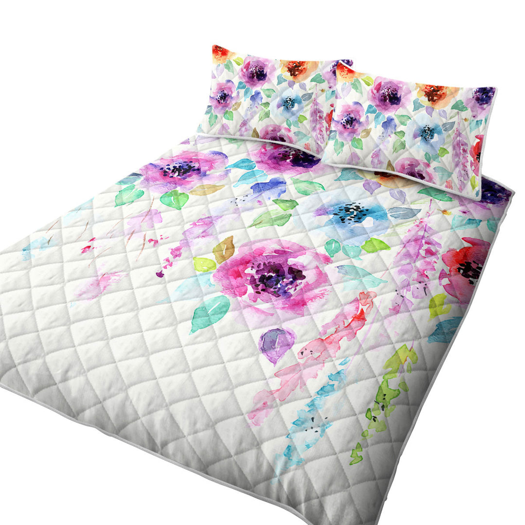 Twin Quilt with Watercolor Floral Painting