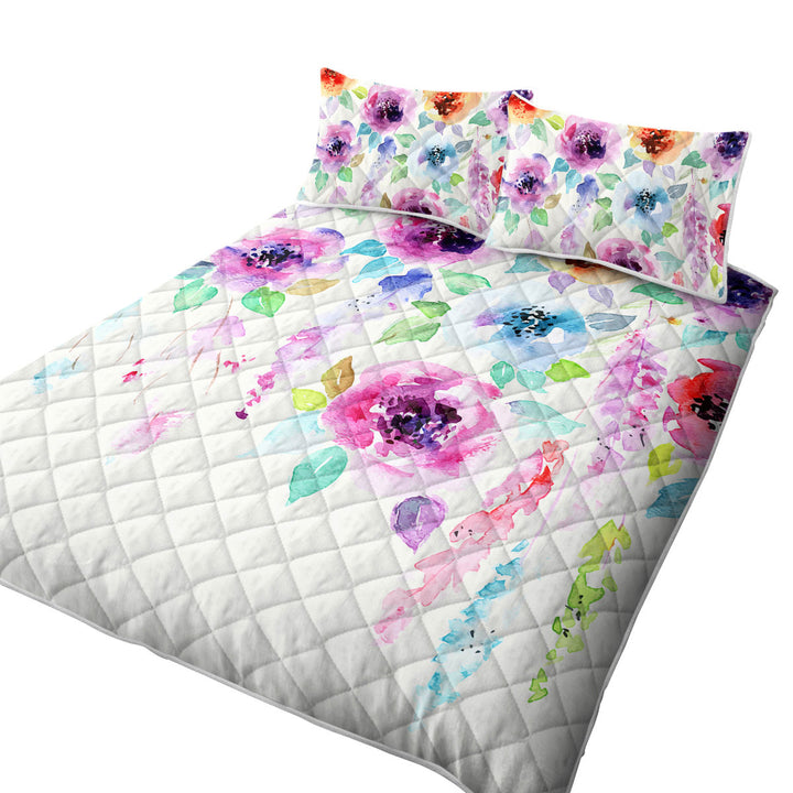 Twin Quilt with Watercolor Floral Painting