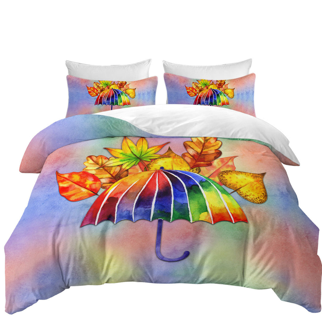 Twin xl Duvet Covers with Colorful Umbrella and Autumn Leaves