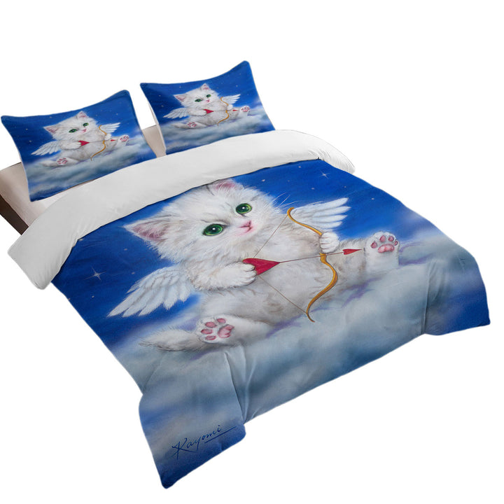 Twin xl Duvet Covers with Cute Fantasy Cat Art Love Angel White Kitten