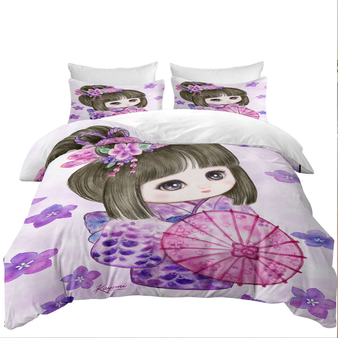 Twin xl Duvet Covers with Cute Japanese Girl Wearing Purple Kimono
