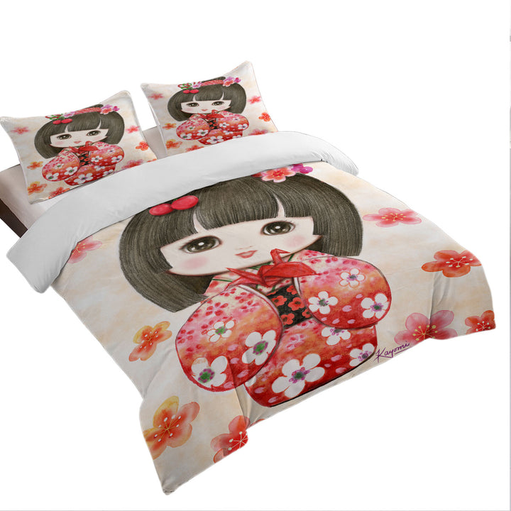 Twin xl Duvet Covers with Cute Japanese Girl Wearing Red Kimono