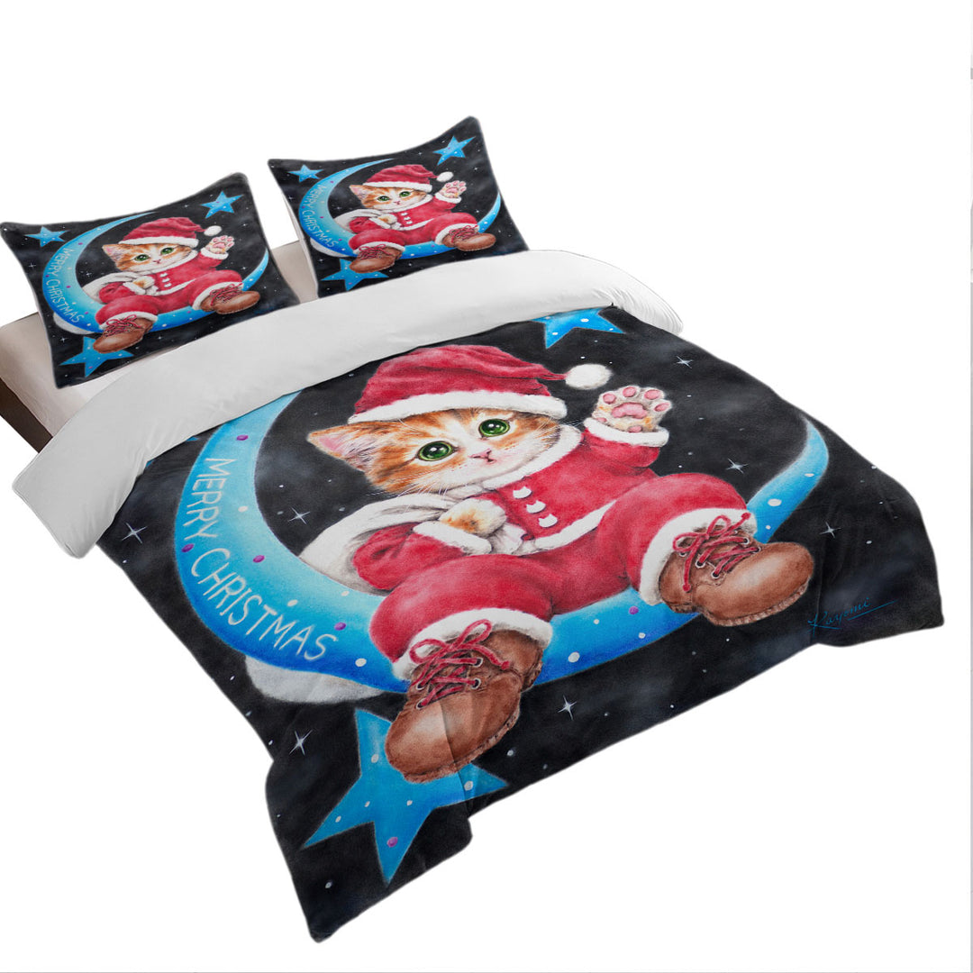Twin xl Duvet Covers with Merry Christmas Kitty Cat Santa on the Moon