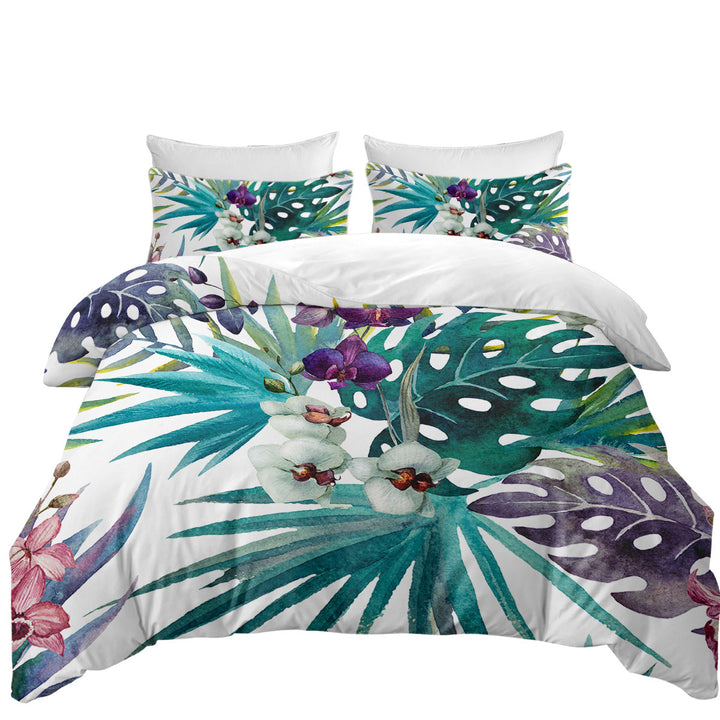 Twin xl Duvet Covers with Tropical Leaves and Purple White Orchid Flowers