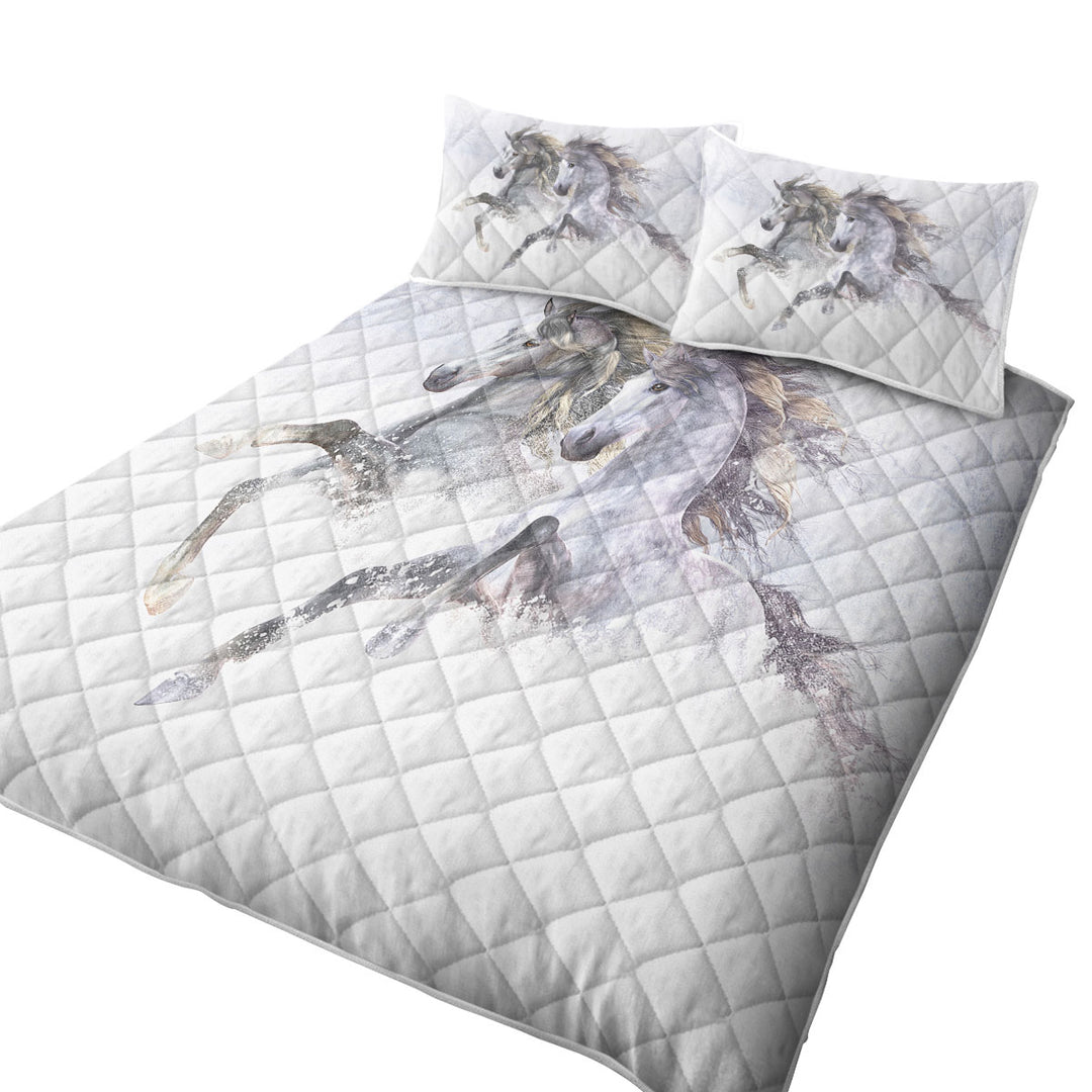 Two Gorgeous Running Horses the Snow Horses Quilts for sale
