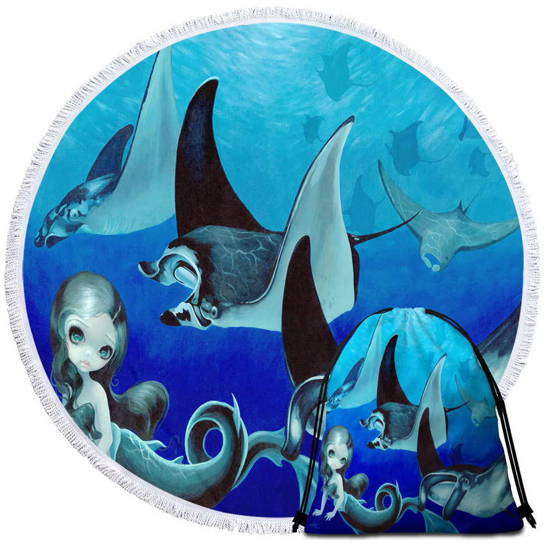 Underwater Art Blue Tones Manta Ray and Mermaid Beach Towels