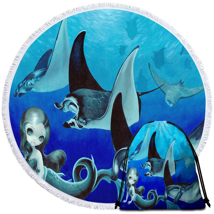 Underwater Art Blue Tones Manta Ray and Mermaid Beach Towels