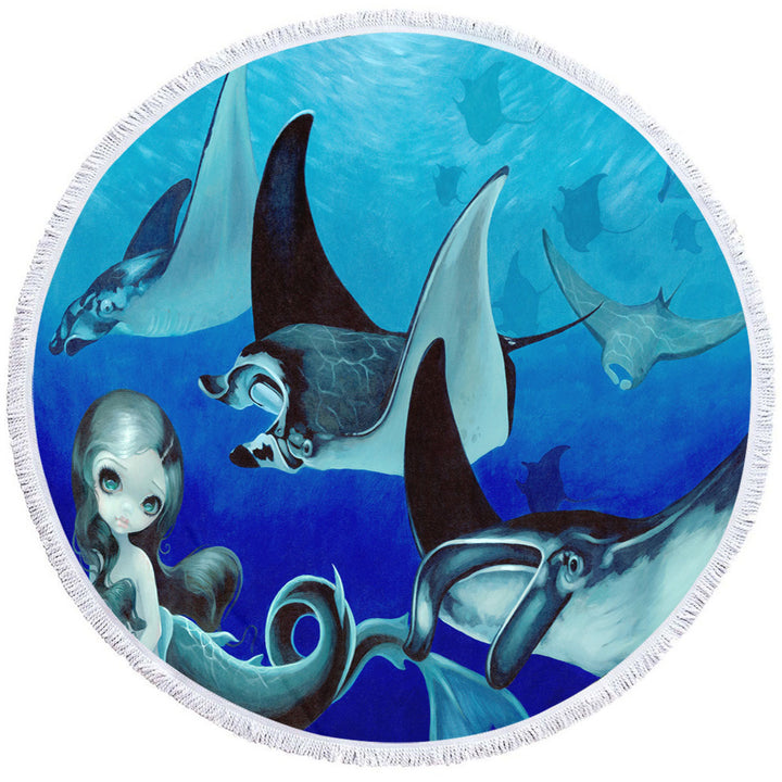 Underwater Art Blue Tones Manta Ray and Mermaid Round Beach Towel