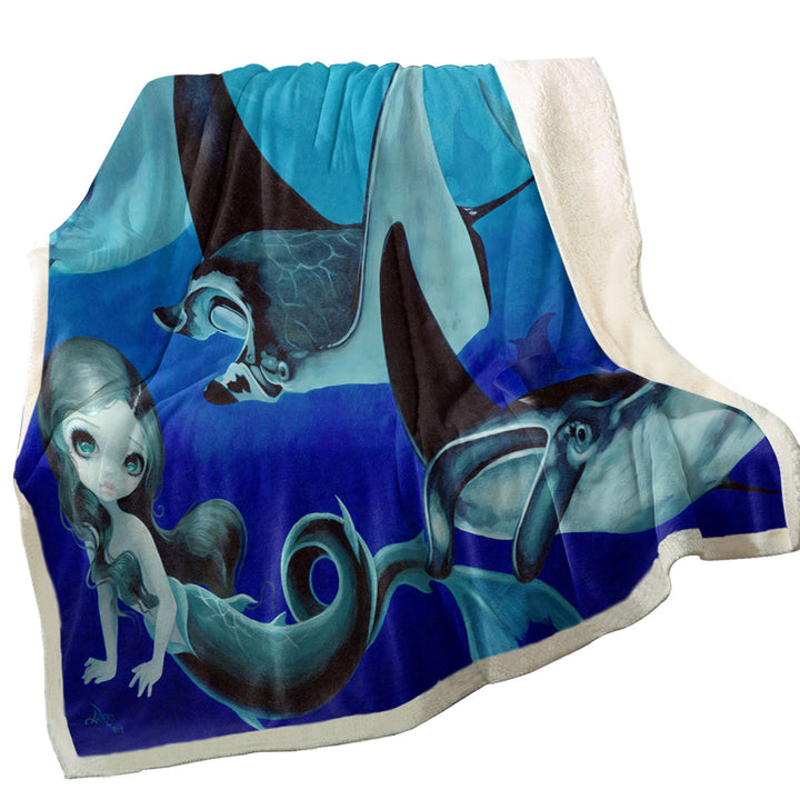 Underwater Art Blue Tones Manta Ray and Mermaid Sherpa Blanket