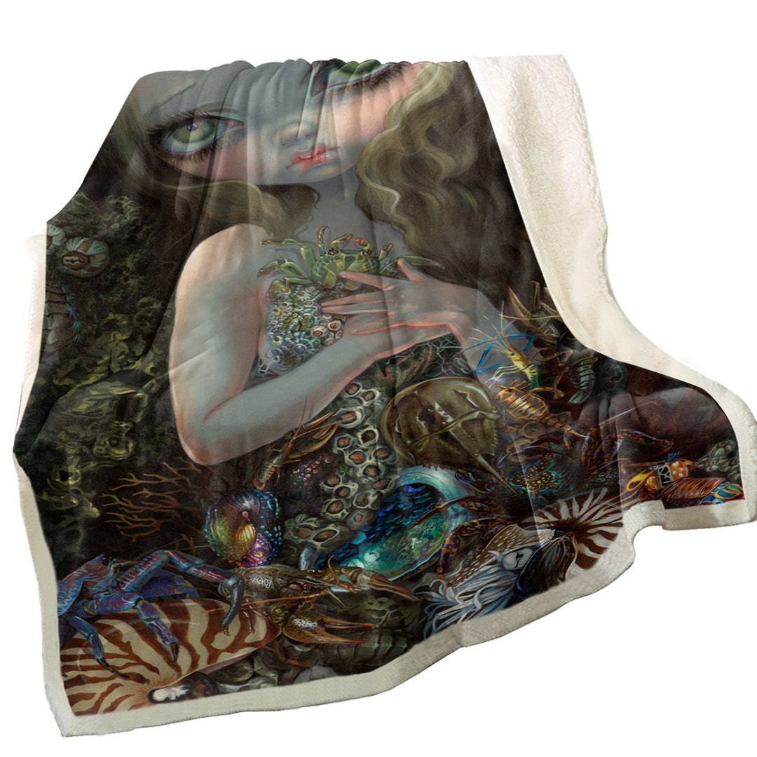 Underwater Throw Blanket Art Girl and Her Soft Shell Creatures