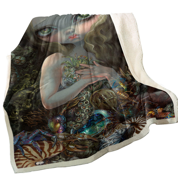 Underwater Throw Blanket Art Girl and Her Soft Shell Creatures