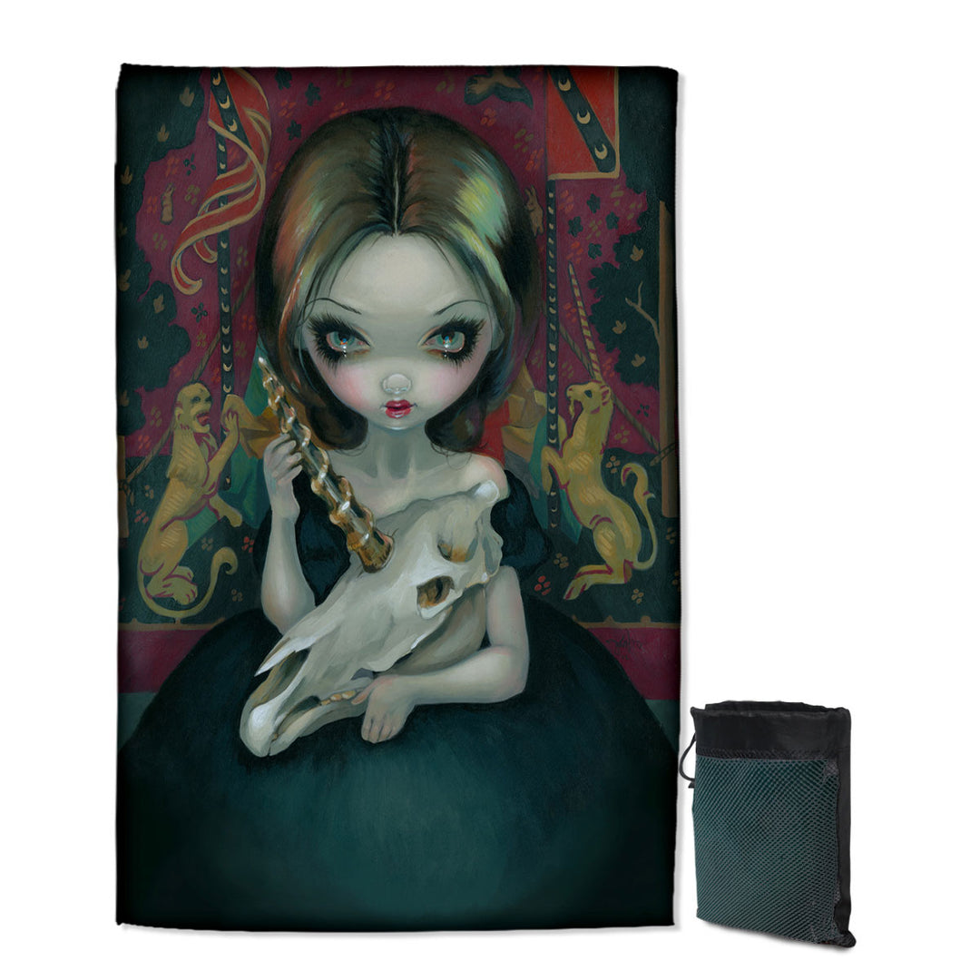 Unicorn_s Ghost Melancholy Goth Girl Holds a Skull Beach Towels