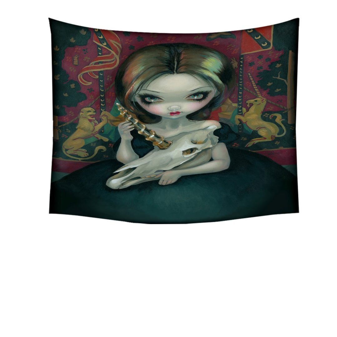 Unicorn_s Ghost Melancholy Goth Girl Holds a Skull Tapestry