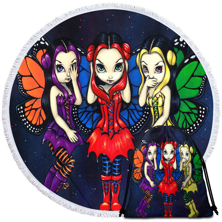 Unique Beach Towels with Three Wise Faeries No See Hear and Speak