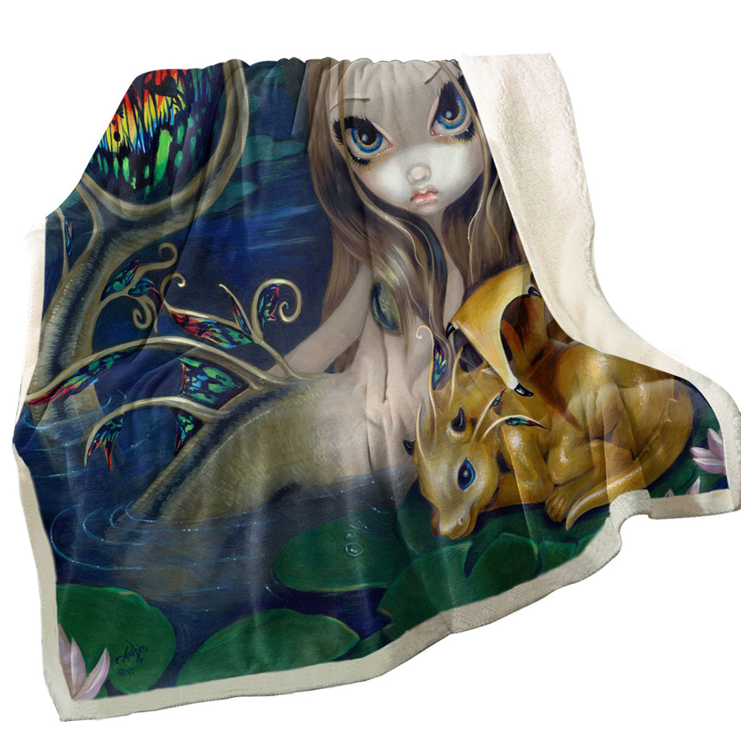 Unique Decorative Throws Fantasy Art Beautiful Mermaid with a Golden Dragon