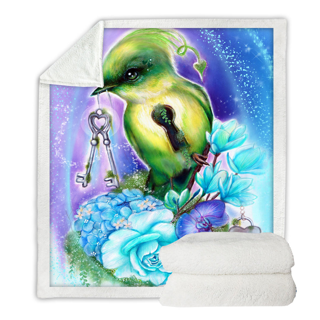 Unique Fleece Blankets Magical Fantasy Art Key Bird with Flowers
