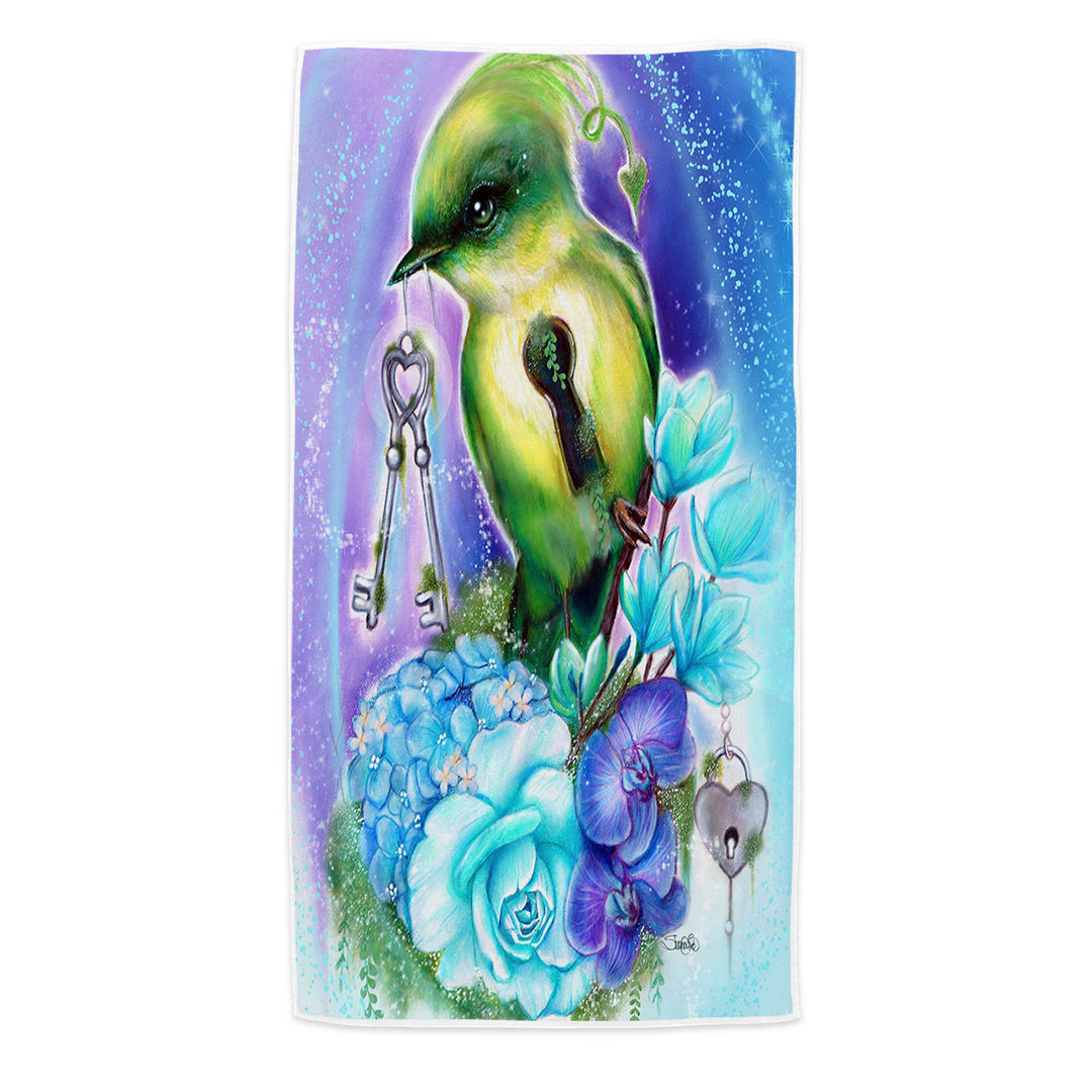 Unique Microfibre Beach Towels Magical Fantasy Art Key Bird with Flowers