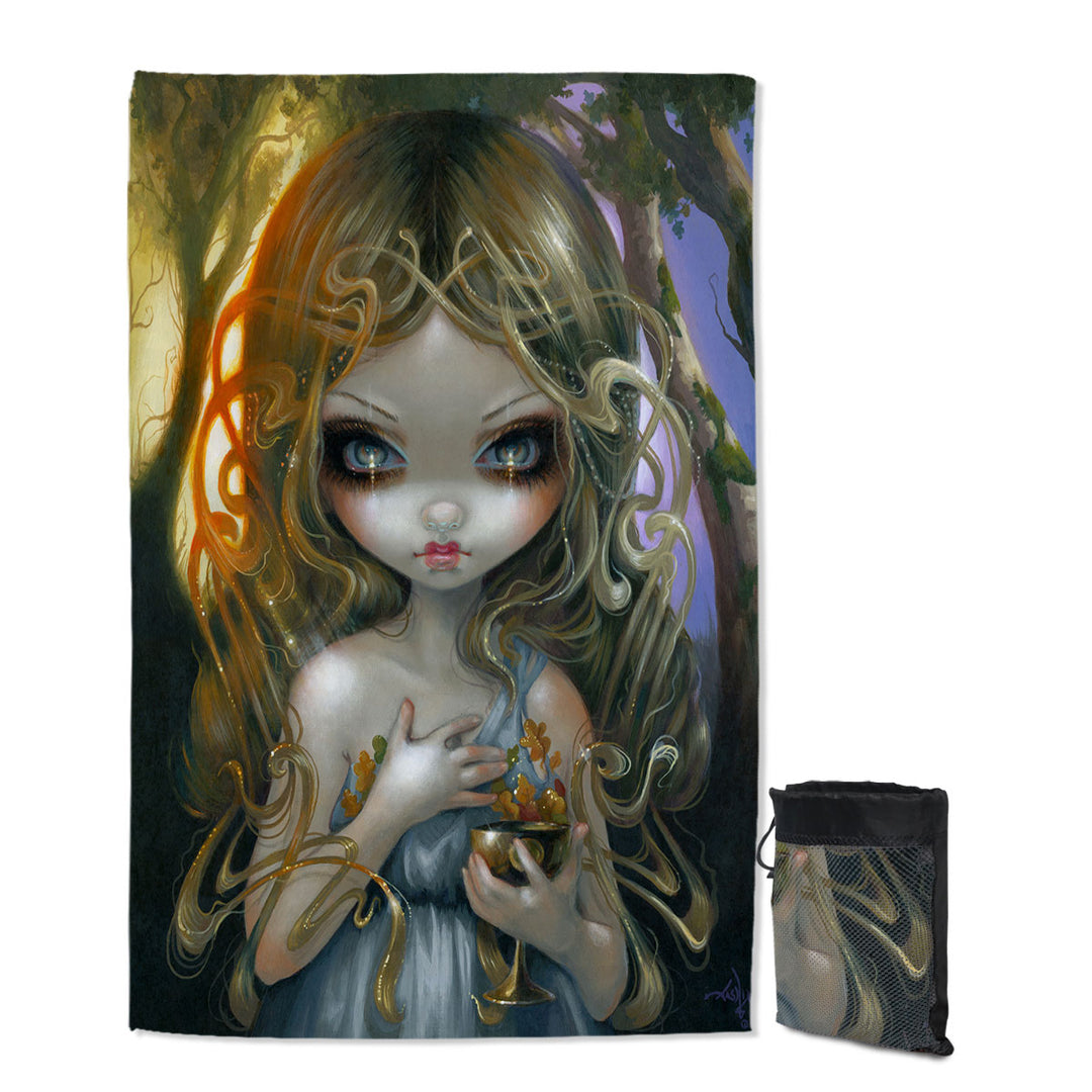 Unique Quick Dry Beach Towel Oaken Mead Magical Fairy Maiden with Witchy Chalice