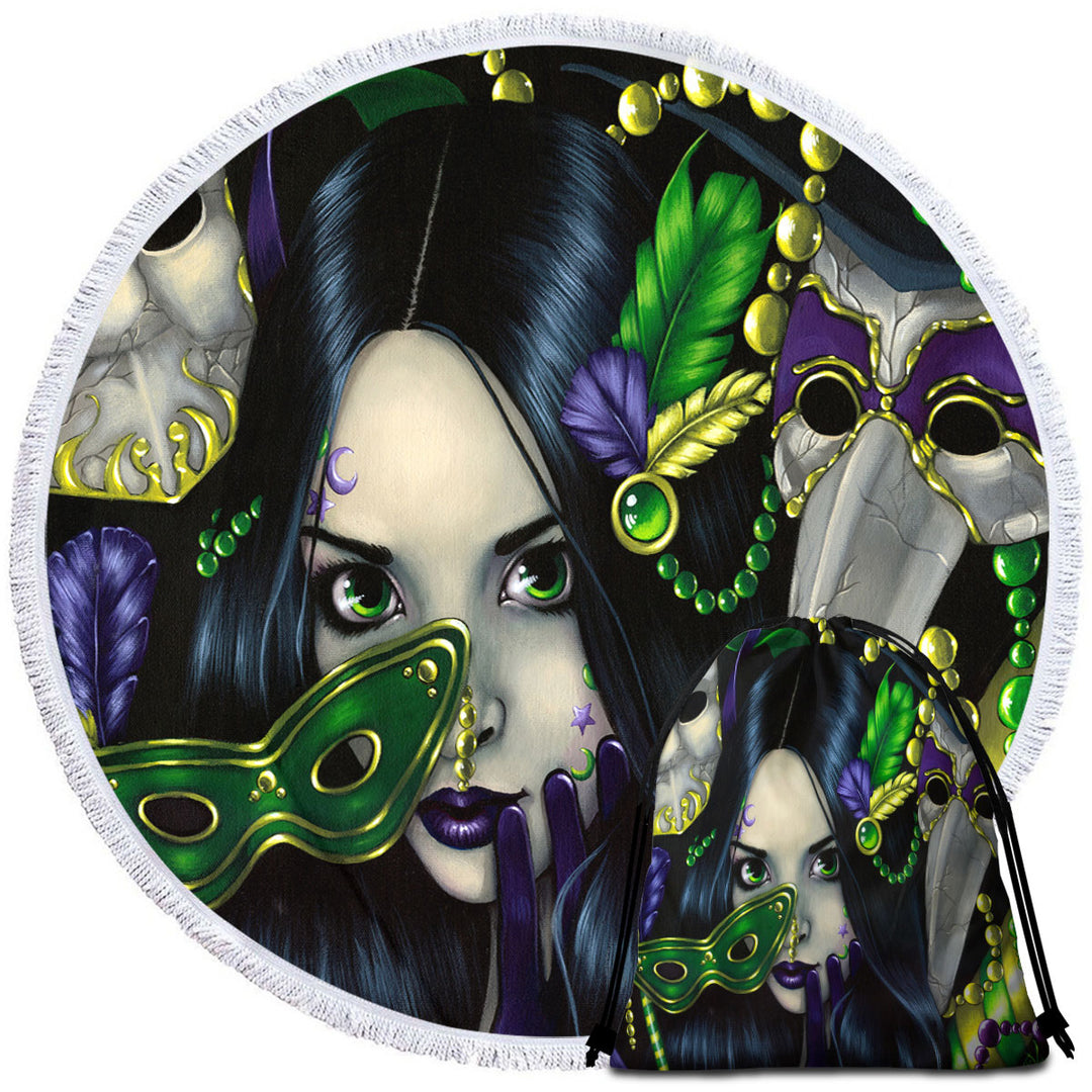 Unique Round Beach Towel Mardi Gras Masquerade Purple Green and Gold Masks