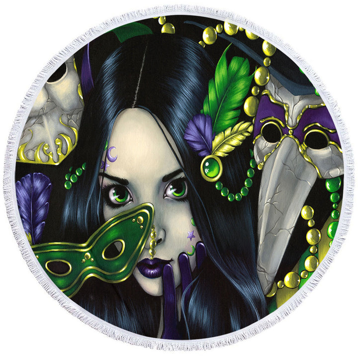 Unique Round Towel Mardi Gras Masquerade Purple Green and Gold Masks