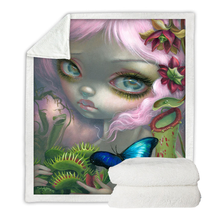 Unique Sofa Blankets Insectarium Beautiful Pink Haired Girl and Plants