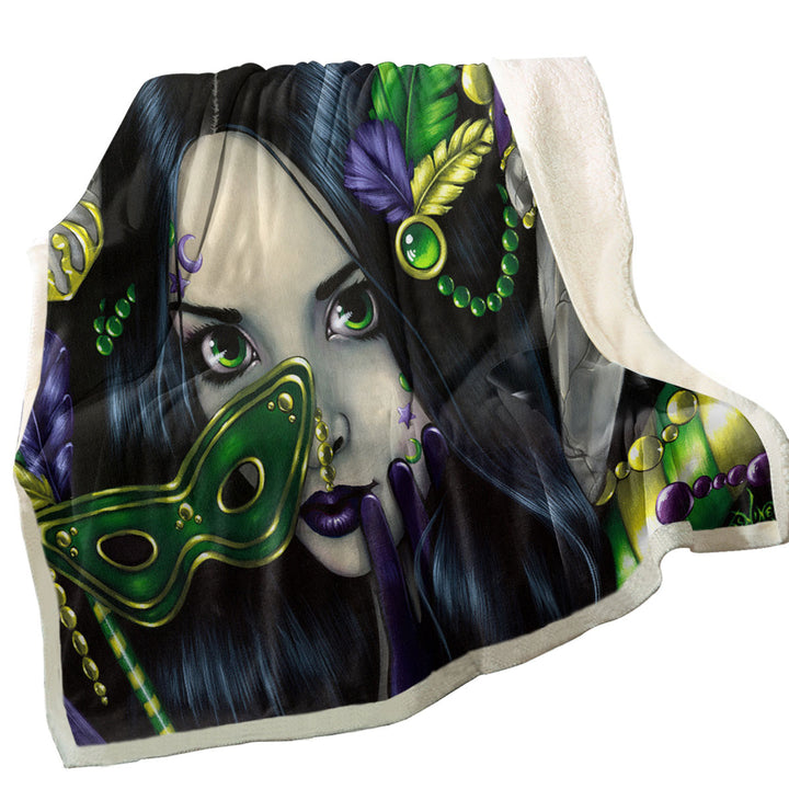 Unique Throw Blanket Mardi Gras Masquerade Purple Green and Gold Masks