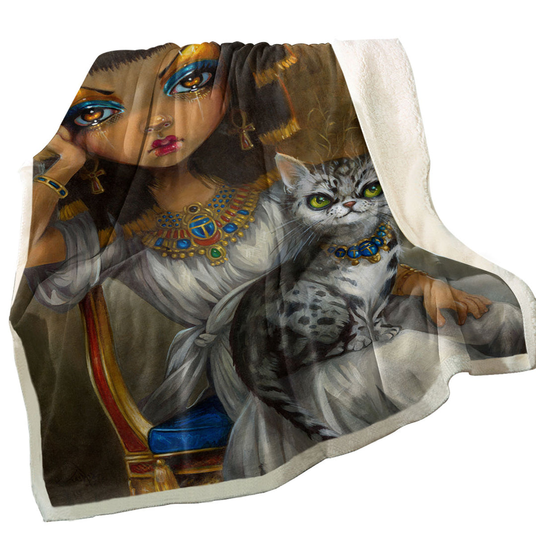 Unique Throw Blanket with Sanura Beautiful Egyptian Princess with Her Mau Cat