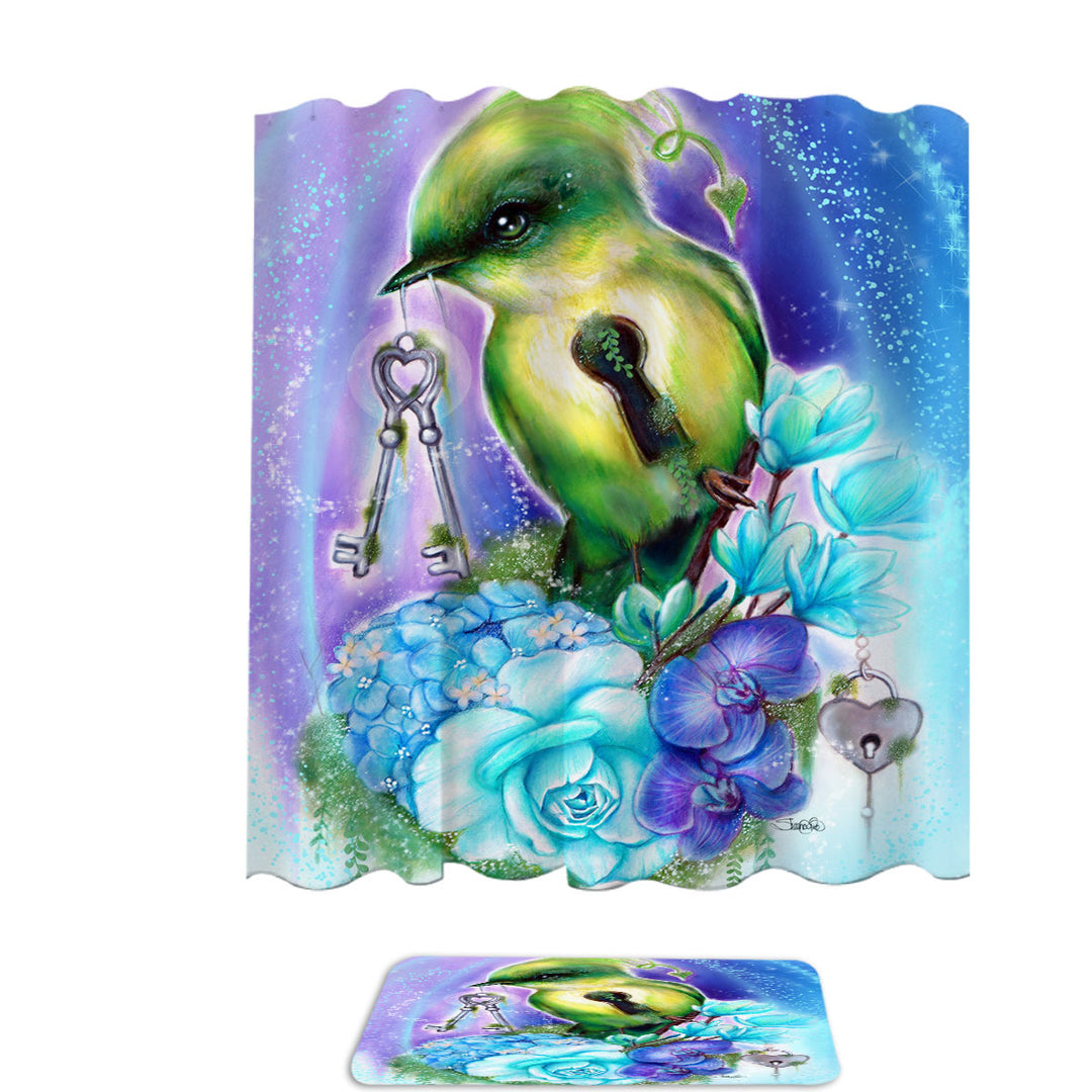 Unique Trendy Shower Curtains Magical Fantasy Art Key Bird with Flowers
