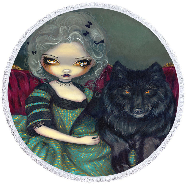 Unusual Beach Towels Loup Garou Beautiful Gothic Lady and Black Wolf
