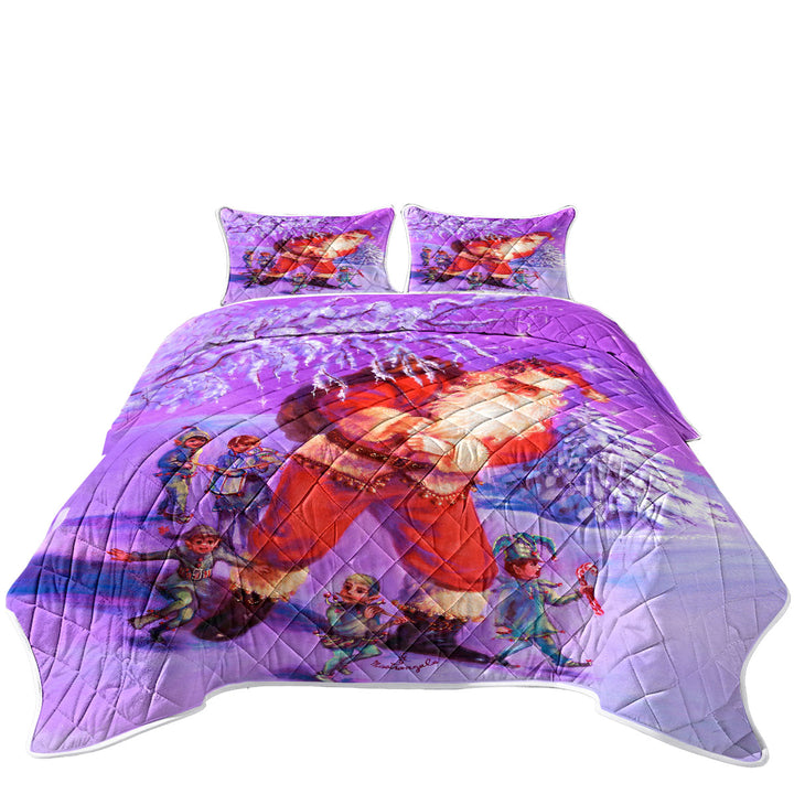 Vintage Christmas Painting Santa and Elves King Size Quilt Sets
