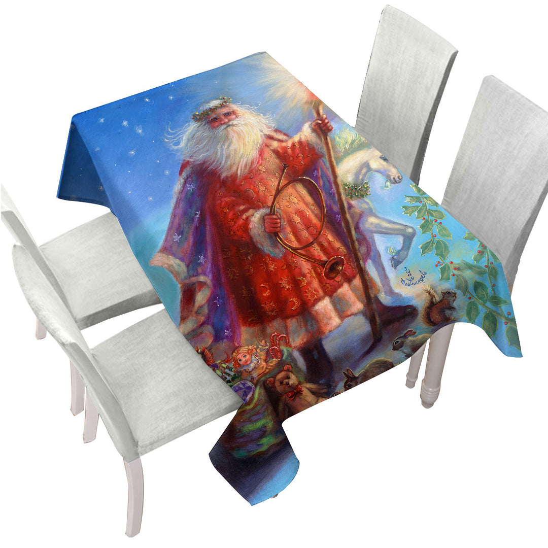 Vintage Christmas Painting Santa and Unicorn Tablecloth