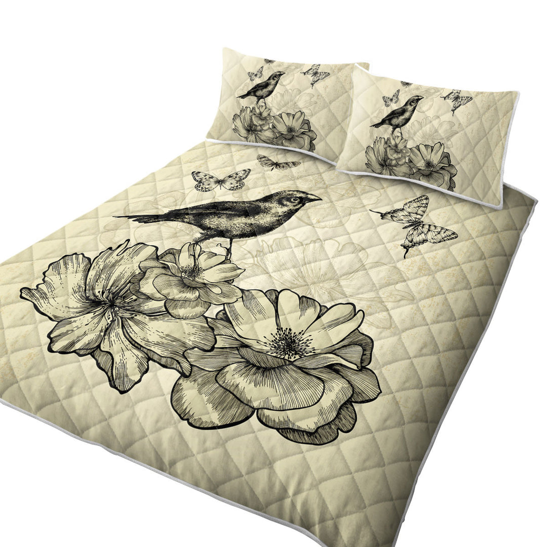 Vintage Drawing Bird Flowers Butterflies Coverlets