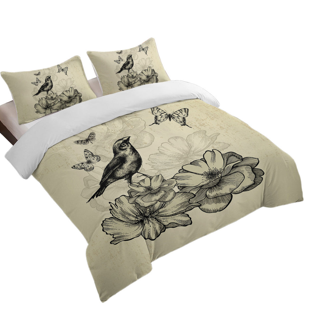 Vintage Drawing Bird Flowers Butterflies Duvet Covers