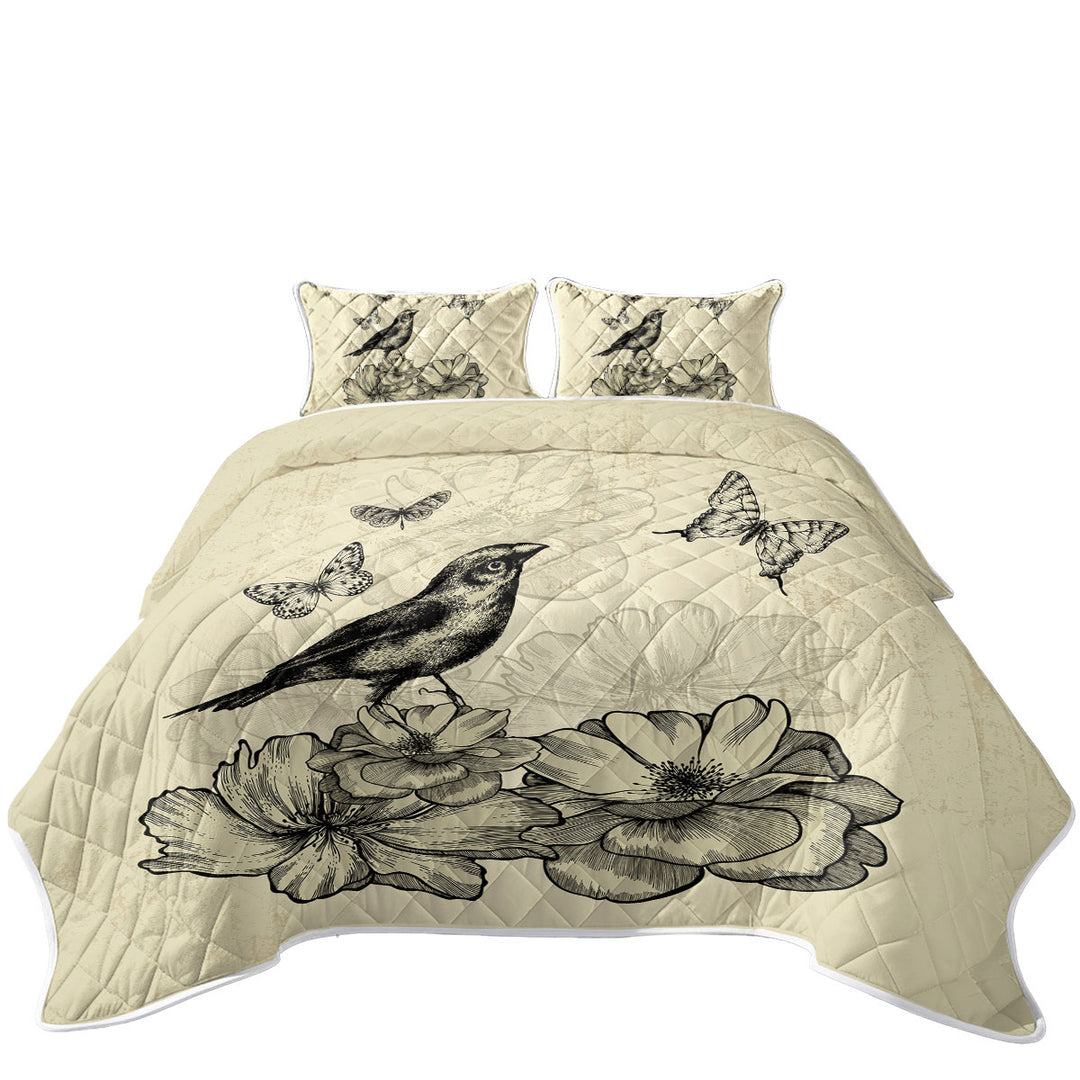 Vintage Drawing Bird Flowers Butterflies King Size Quilt Sets