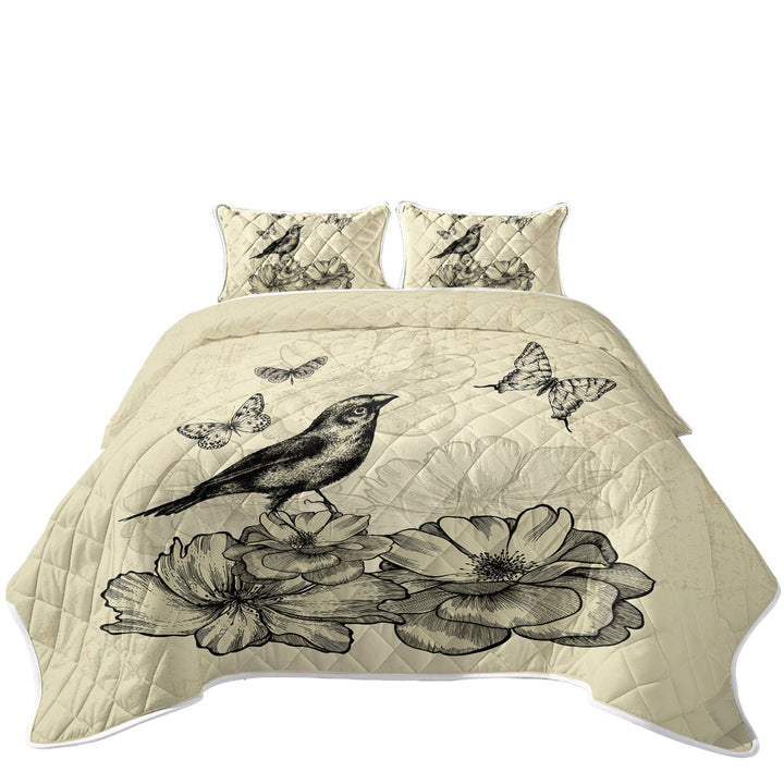 Vintage Drawing Bird Flowers Butterflies King Size Quilt Sets